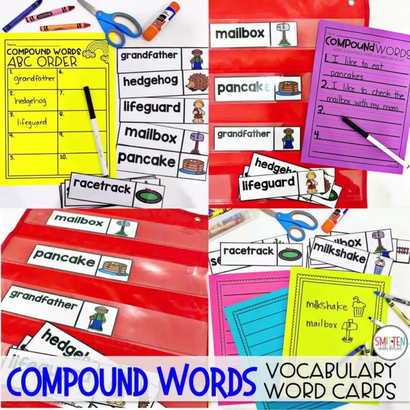 Different uses for vocabulary word cards with pictures, including writing sentences and creating anchor charts 