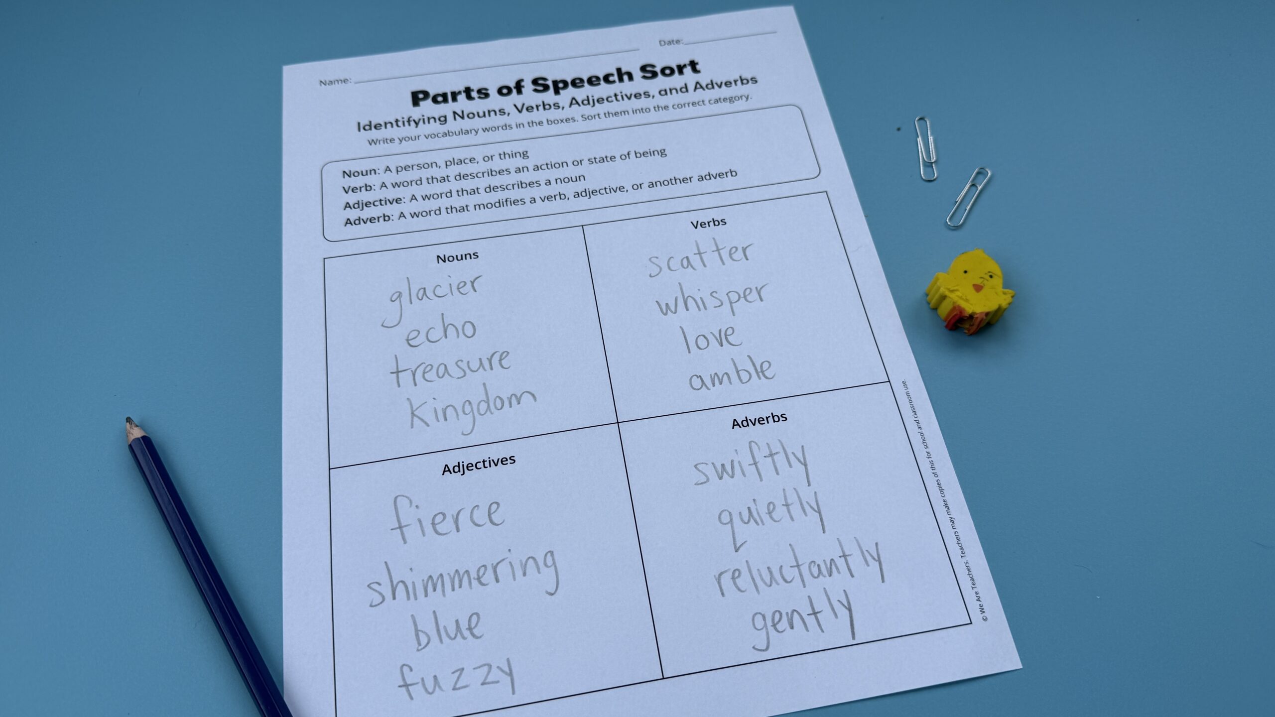 Parts of Speech Sort Worksheet on blue background with pencil and eraser.
