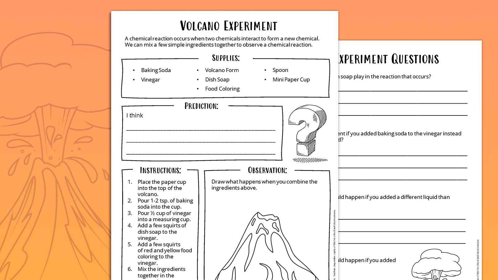 Baking soda volcano worksheets on orange background.