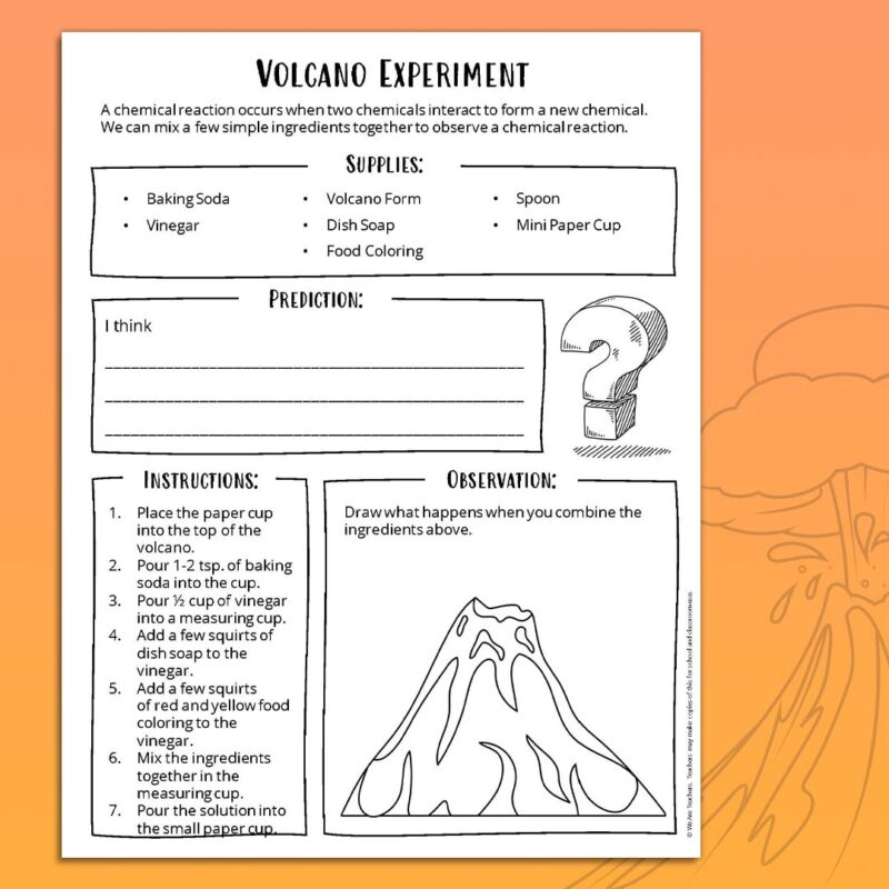 One baking soda volcano worksheet on orange background.