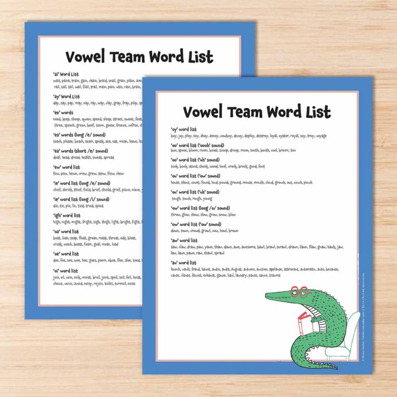 Printable vowel teams words list on square background.