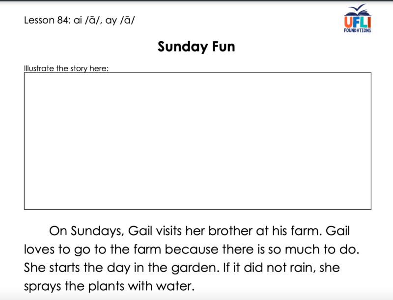 sample of a decodable text with the "ai" and "ay" vowel patterns and a space to draw a picture 