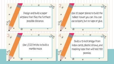 Four images of printed index cards about 3rd grade STEM Challenges