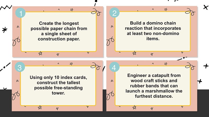 Four printout note cards for 4th Grade STEM Challenges