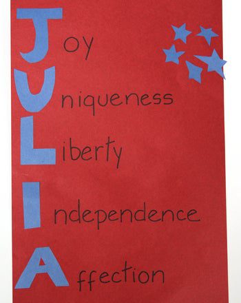 Patriotic poem saying: Joy, Uniqueness, Liberty, Independence, Affection.