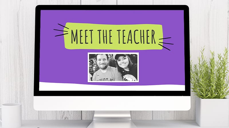 Meet the Teacher Slideshow with Purple Background and an Image of the Teacher.