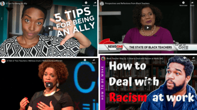Four separate images from clips of videos about anti-racism videos for school staff.