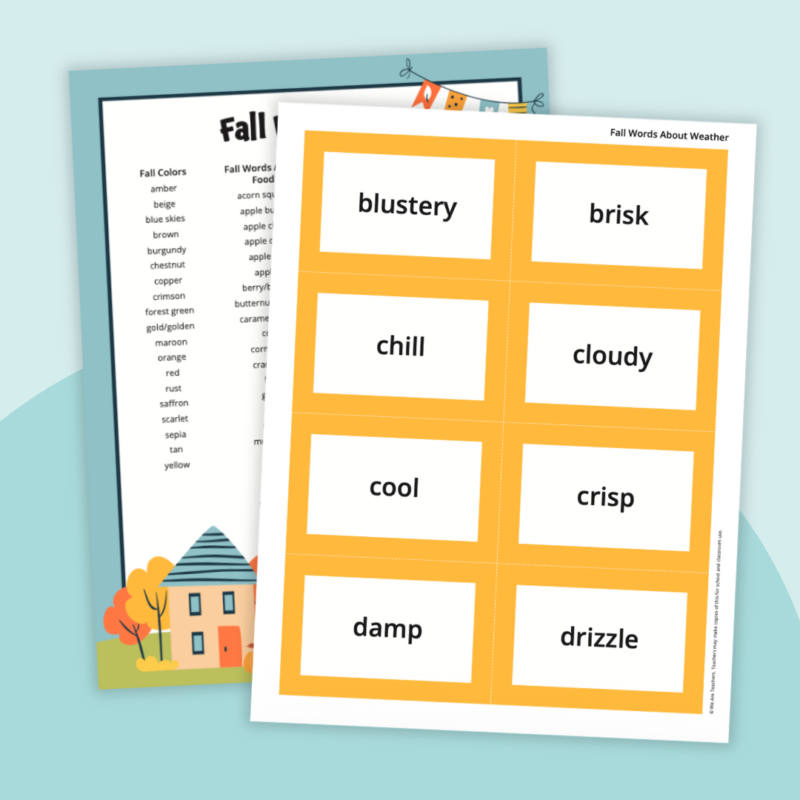 Fall Words an image of a fall word list printable with fall word list cards