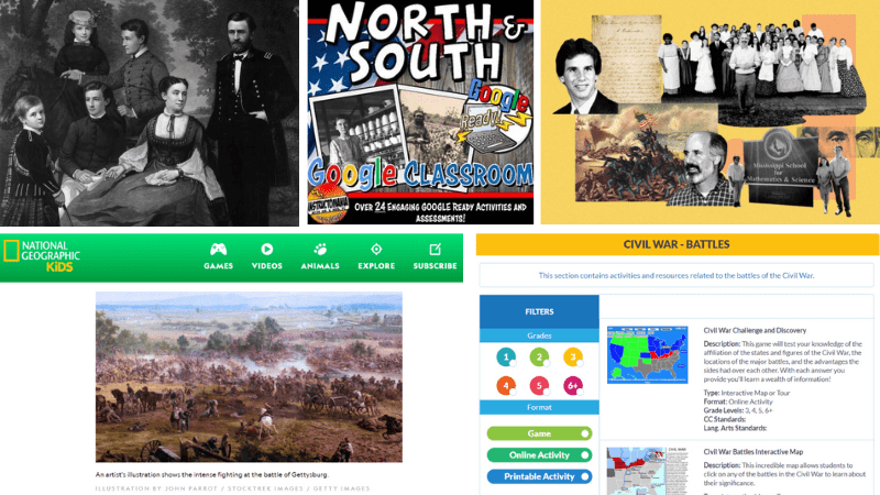 Five Separate Images of Websites to Teach Kids About the Civil War.