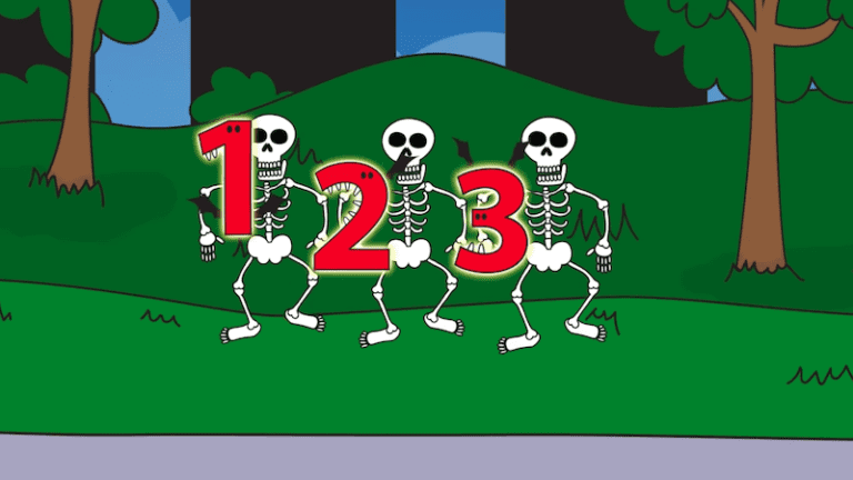 Three skeletons holding up the numbers; 1, 2, 3.