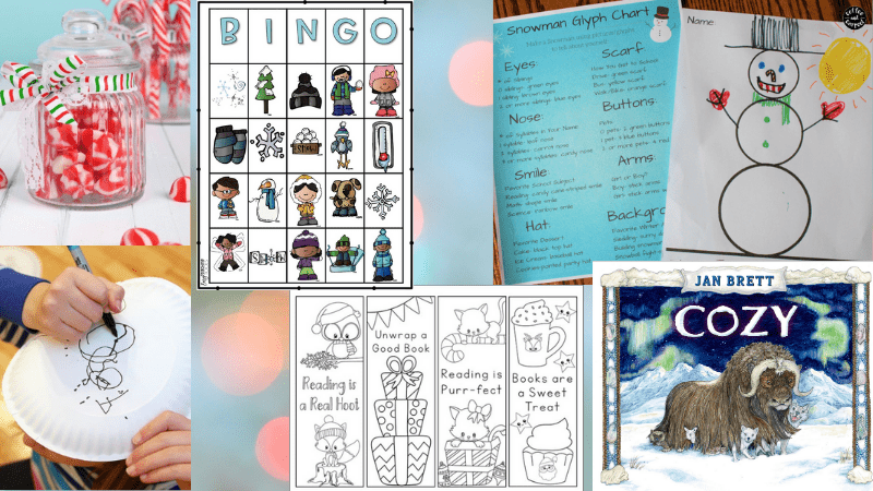 6 Images of Winter Activities. Including, Bingo, Snowman Drawing, Books, and Charts