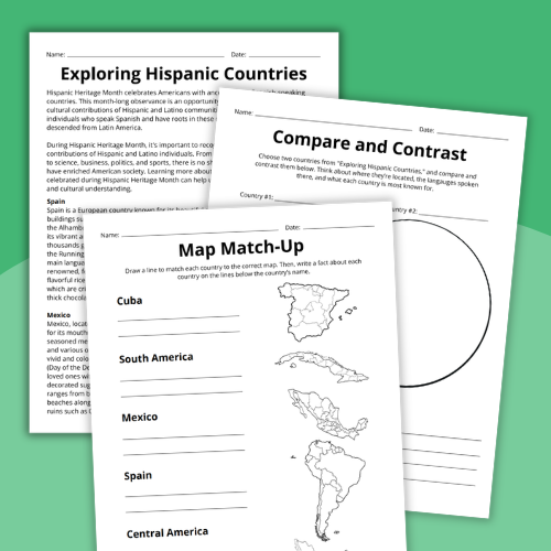 Hispanic Heritage Month Worksheets an image of three example Hispanic Heritage Month worksheets with a green background