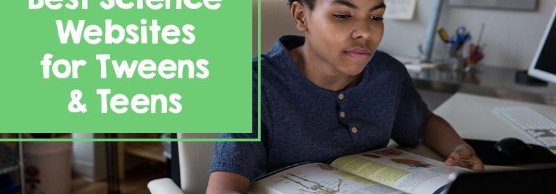Student sitting with open book at desk studying science.