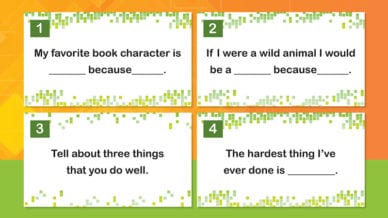 Four printed note cards for second grade writing prompts.