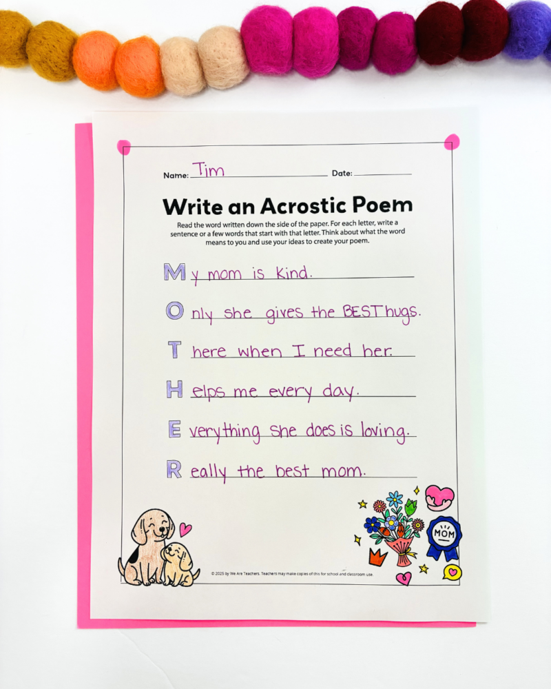 Mothers Day Crafts an image of a Mother's Day acrostic poem completed by a student