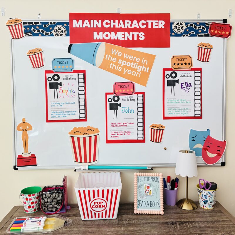 picture of a movie-themed end-of-year bulletin board to show students' main character moments