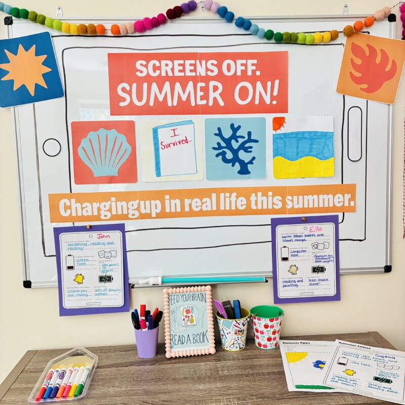 end of year bulletin board kit featuring themed screens off, summer on