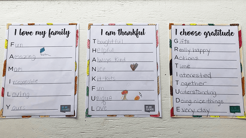 Thanksgiving Acrostics Three printable Thanksgiving acrostic worksheets filled out.