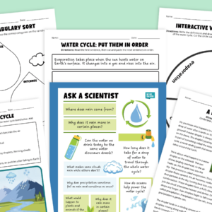 Feature image showing pictures of the worksheets and posters from the Water Cycle Worksheet & Activity Bundle