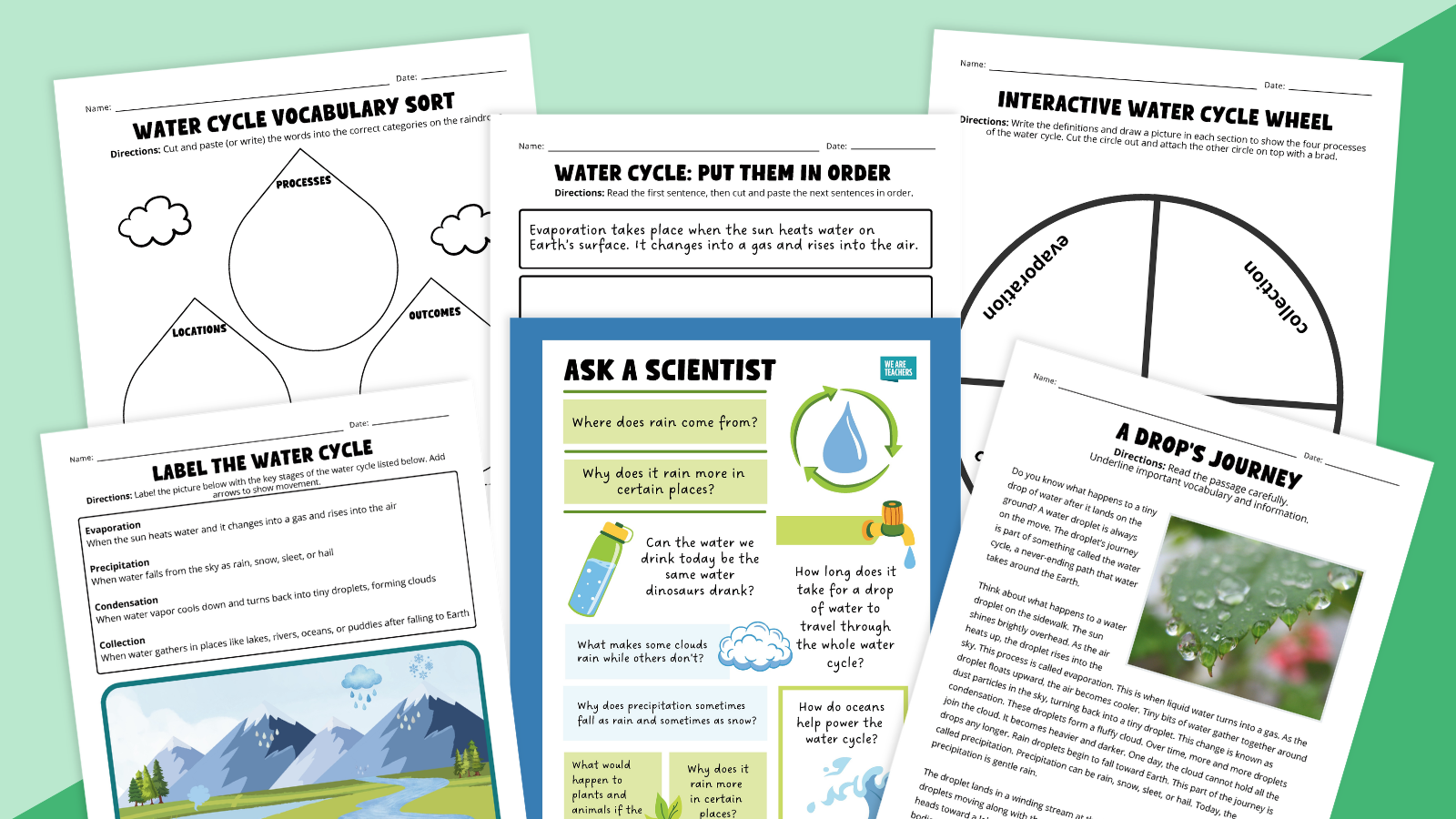 Feature image showing pictures of the worksheets and posters from the Water Cycle Worksheet & Activity Bundle