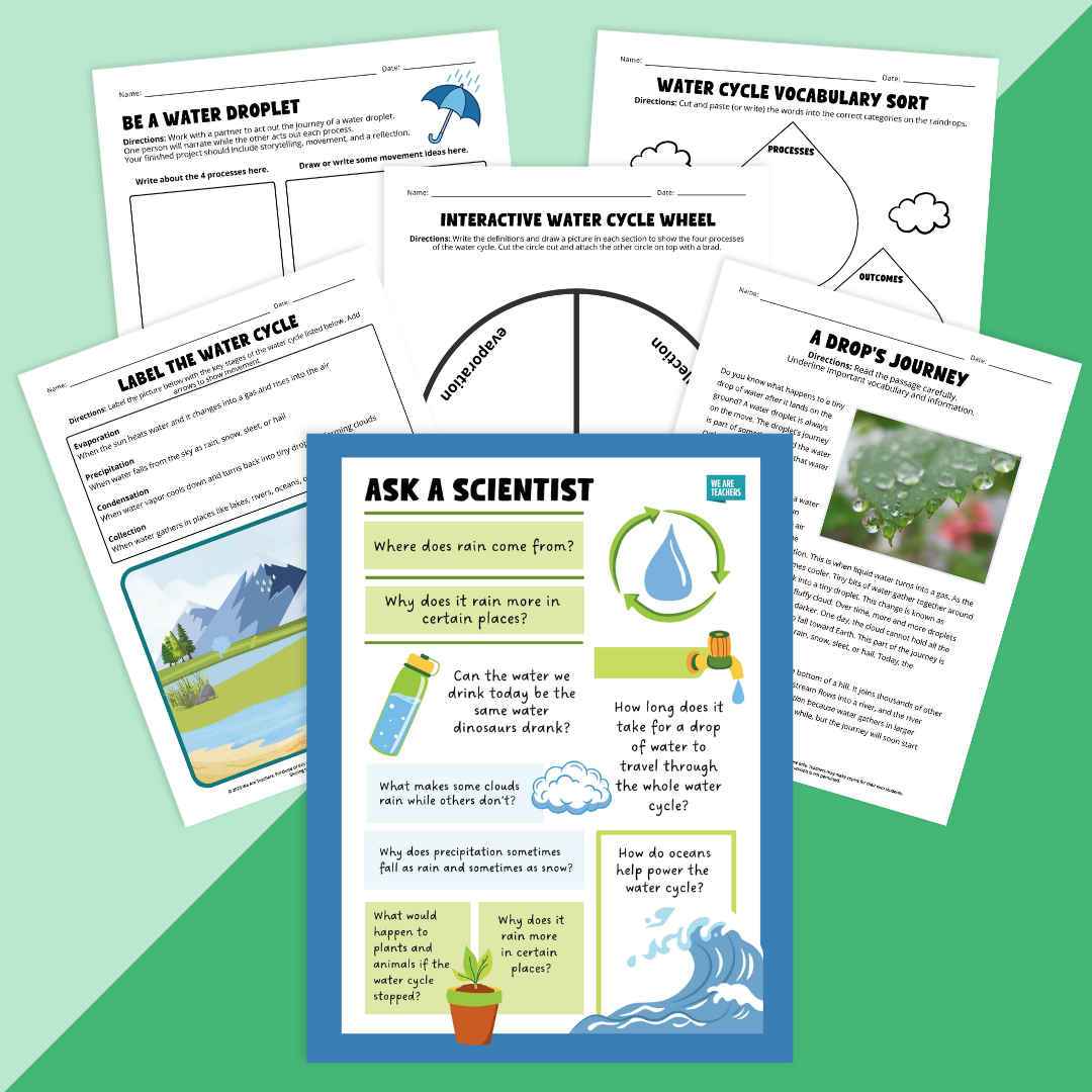 Image of an assortment of worksheets and activities on the water cycle.