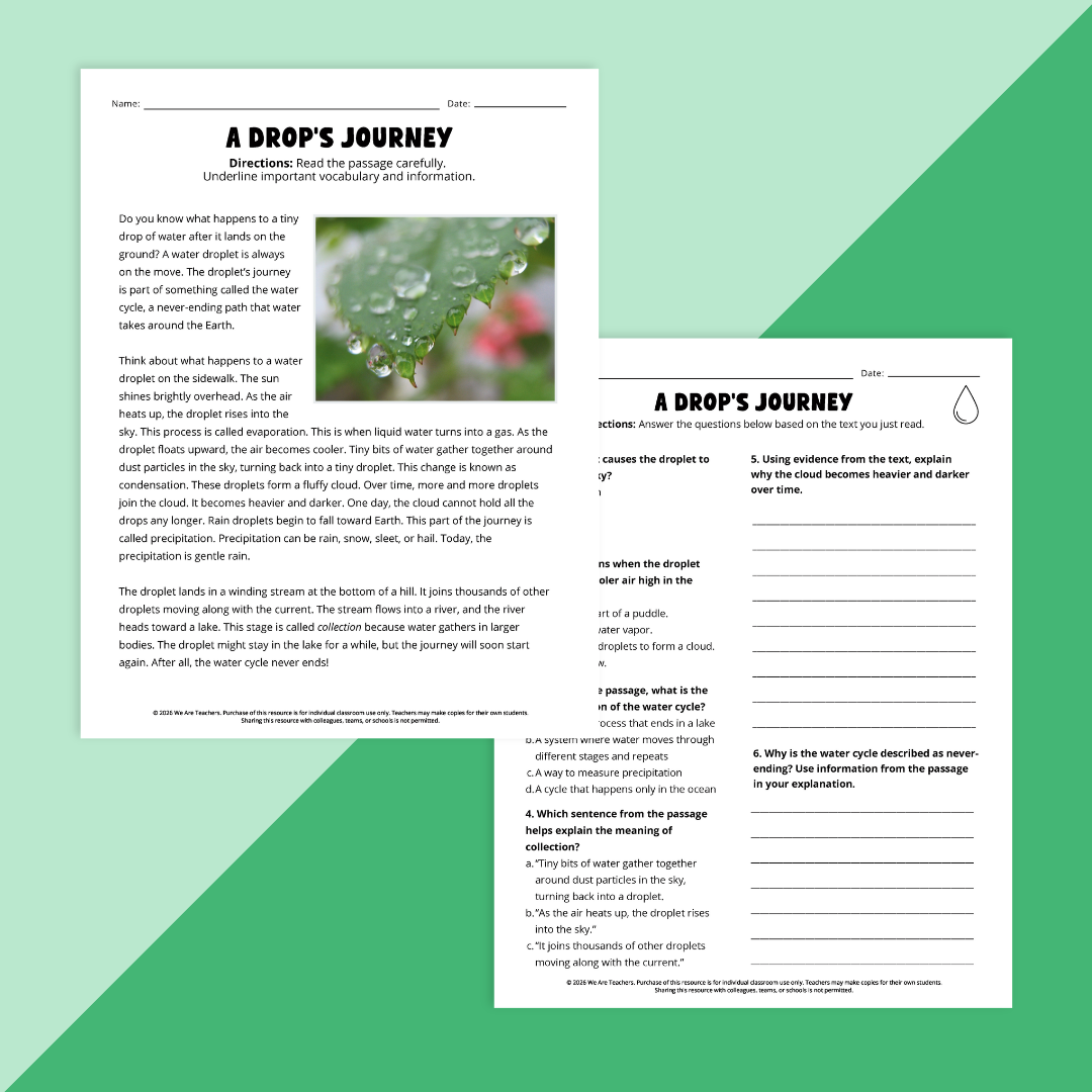 Image of reading passage and comprehension questions on the water cycle.