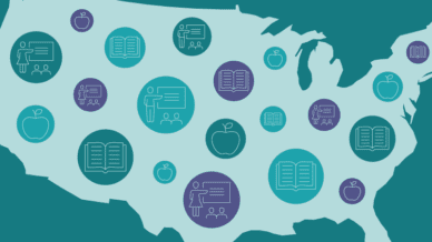 Map with icons depicting how many teachers are there in the U.S.