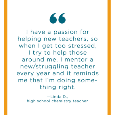 Teacher Stress Quote: “I have a passion for helping new teachers, so when I get too stressed, I try to help those around me. I mentor a new/struggling teacher every year and it reminds me that I’m doing something right.”—Linda D., high school chemistry teacher