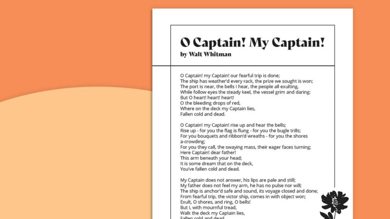 Printable Walt Whitman Poems O Captain on orange background