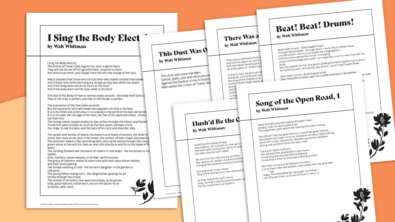 Printable Walt Whitman Poems on orange background.