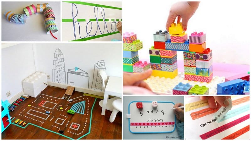 Six images of Washi tape ideas for legos and school activities.
