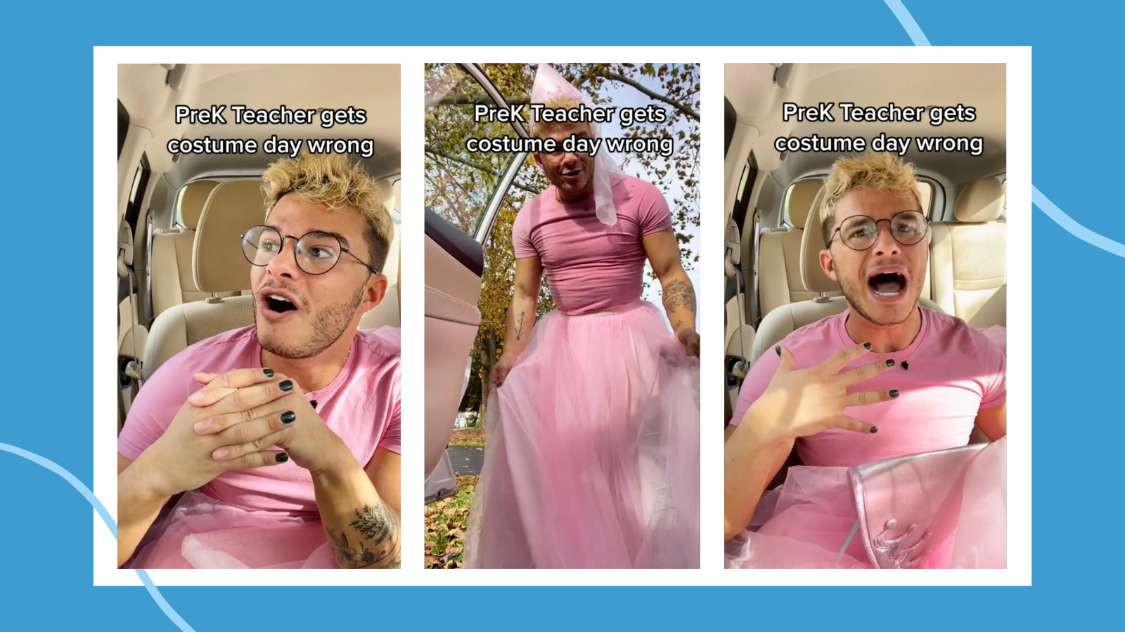 Still images from TikTok of teacher who dressed up on the wrong day
