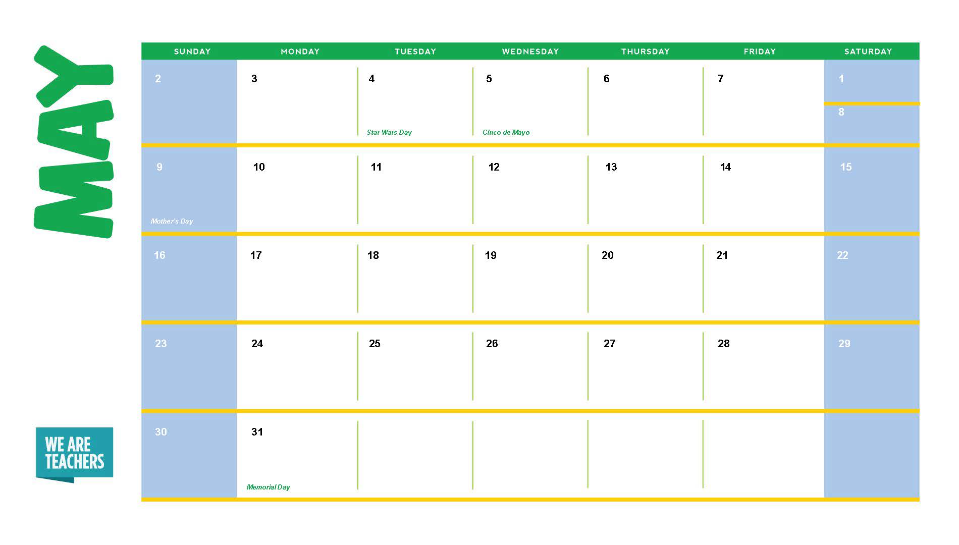 May School Holidays an image of a May calendar with school holidays
