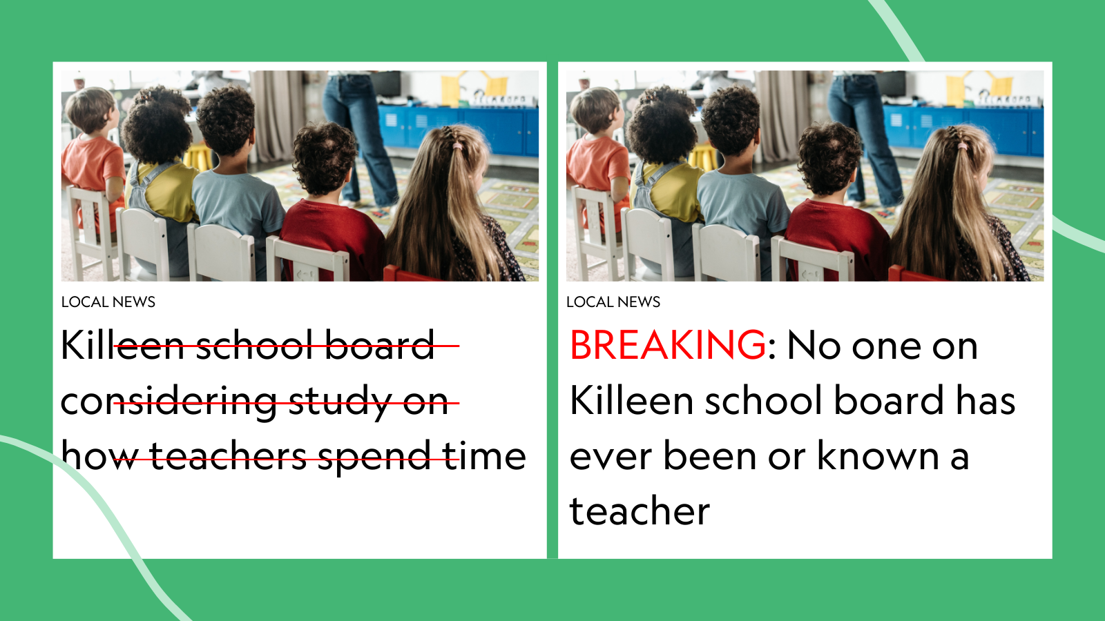 Paired photos of two education headlines