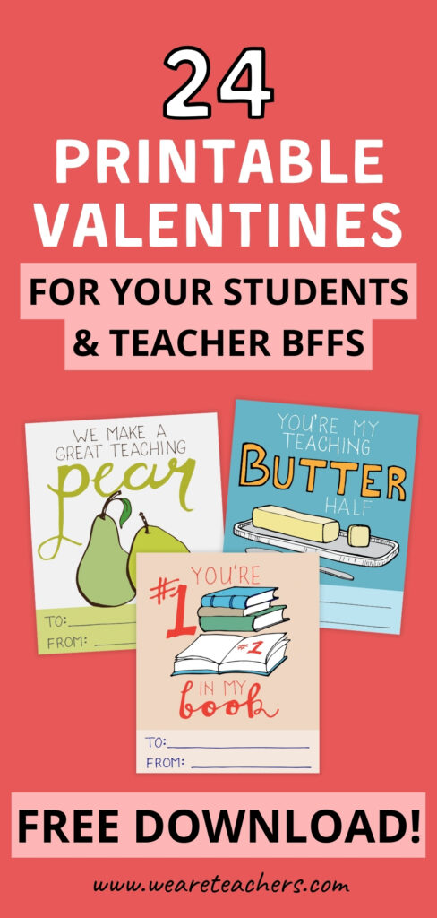 a pinterest pin image of 24 printable valentines for students and teacher bffs