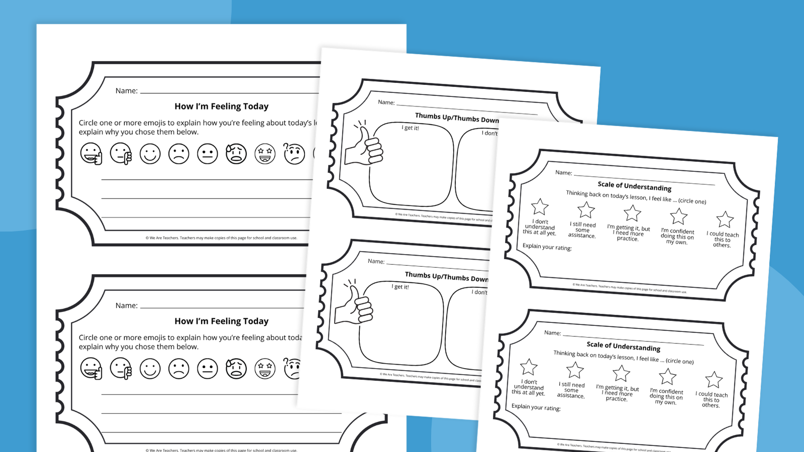 Collage of three different types of printable exit ticket templates.