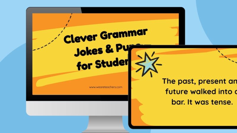 Grammar Jokes and Puns computer and ipad screens of grammar jokes and puns google slides