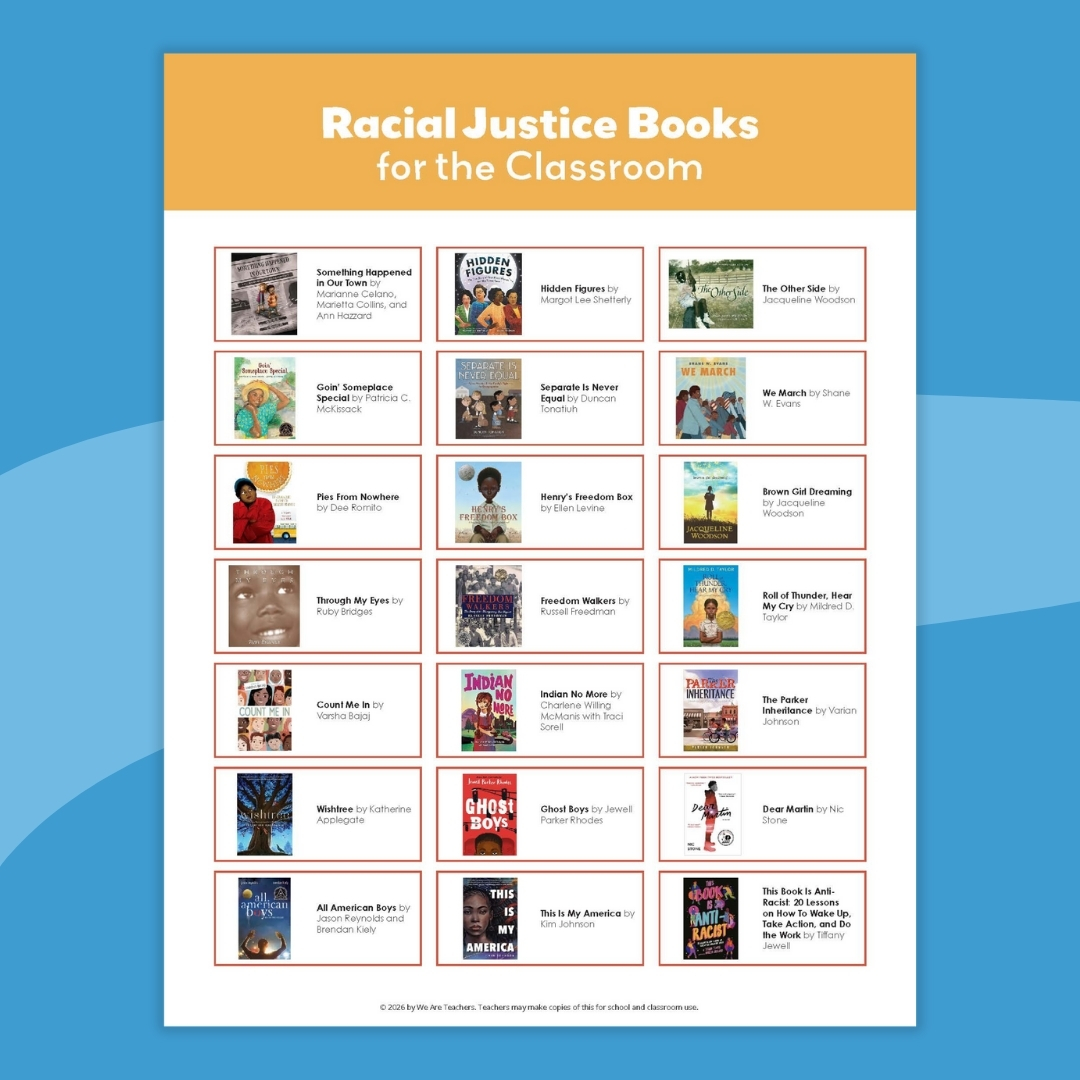 Racial Justice for Kids printable racial justice book list for kids in front of a blue background