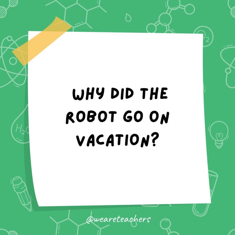 Science Jokes a post it note clipart with the joke: why did the robot go on vacation?