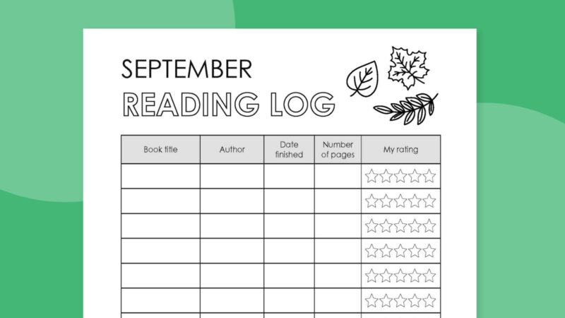 September Reading Log Flat lay of a printable September reading log against a green background