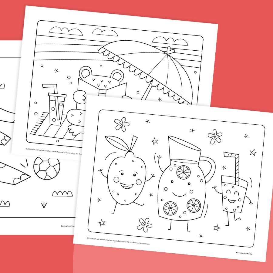 Collage of printable summer coloring pages.