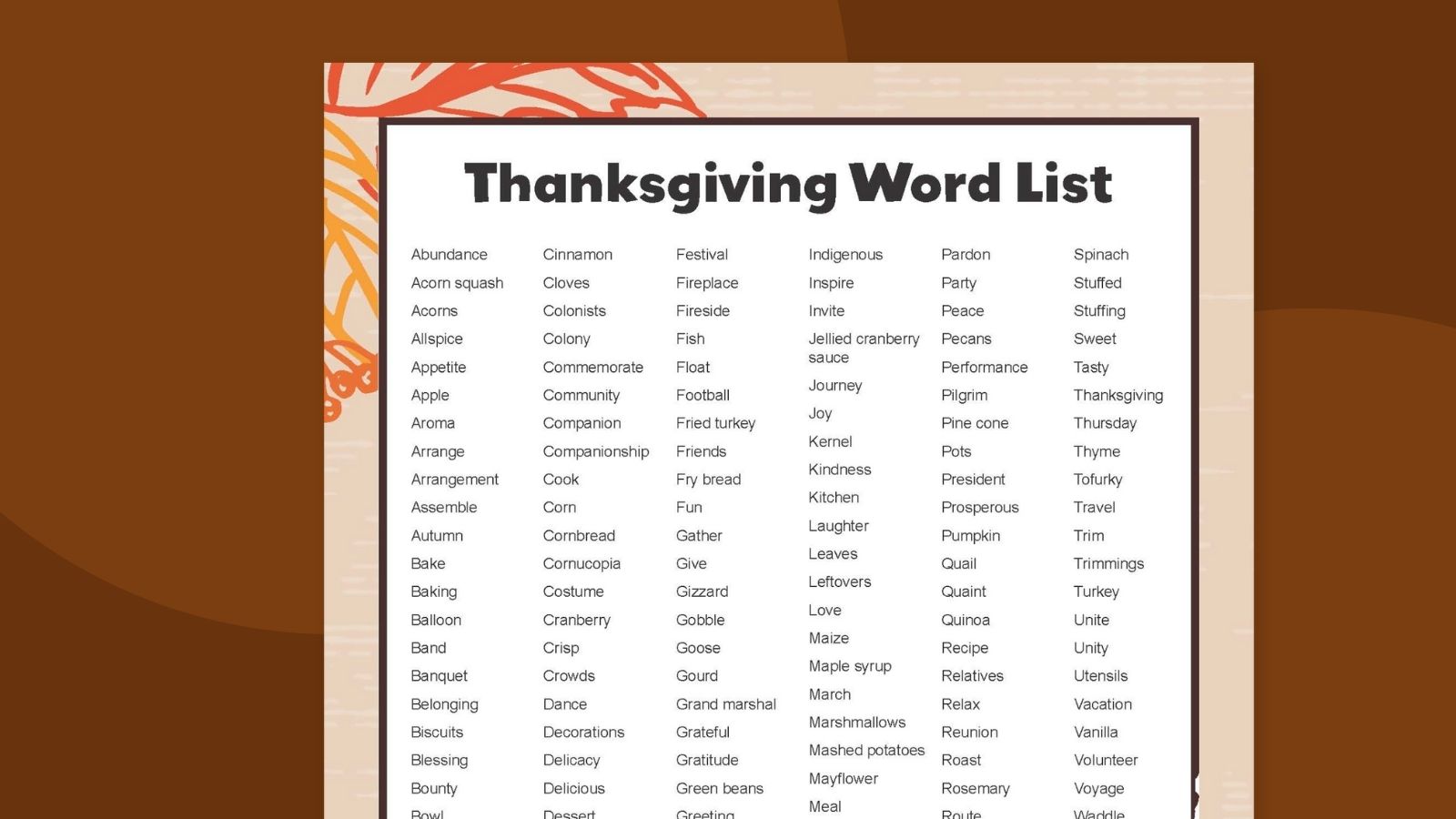 an image of a free Thanksgiving words list printable