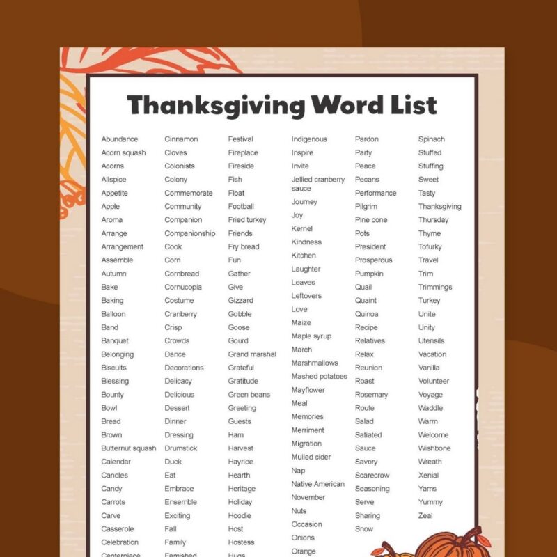 an image of a free Thanksgiving words list printable