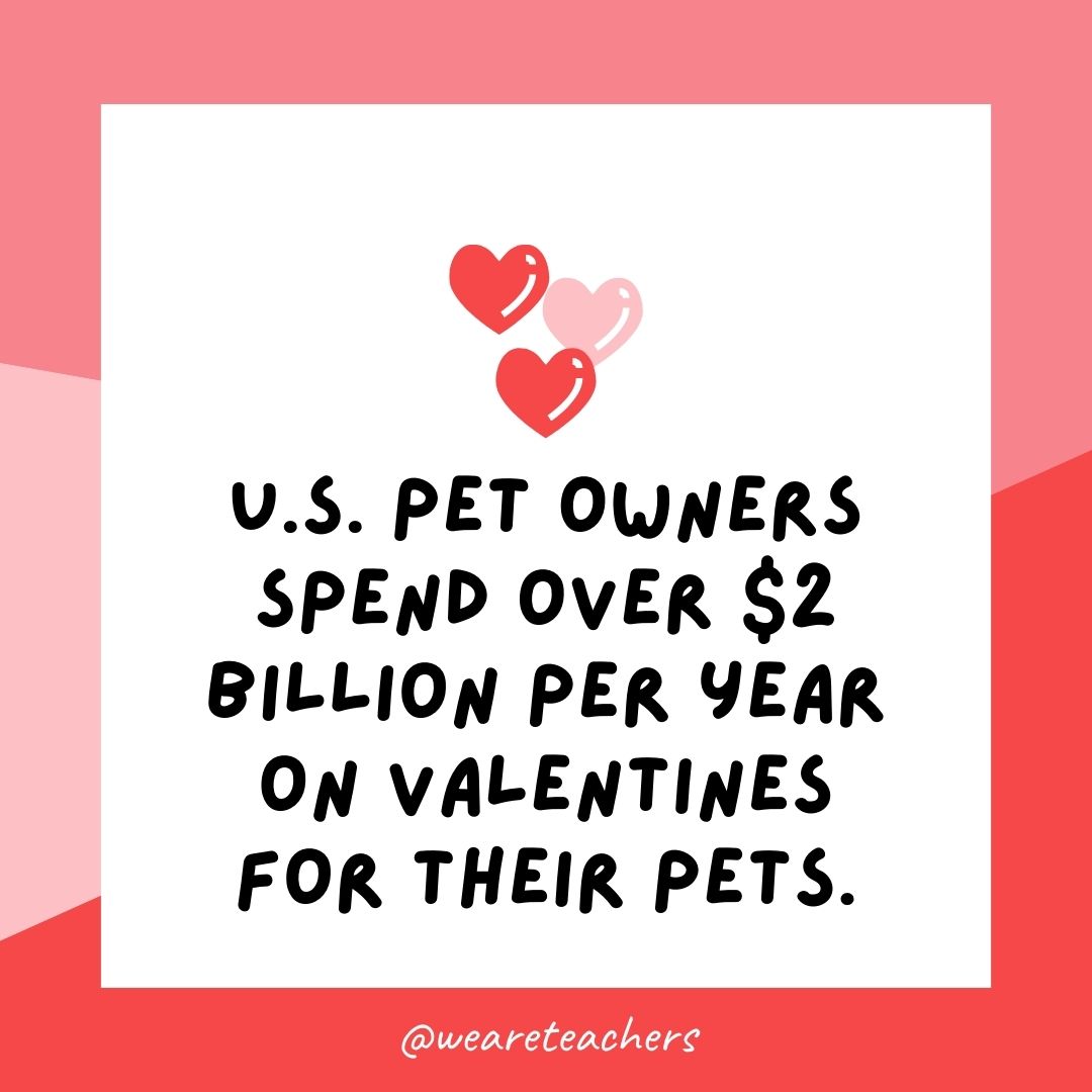 Valentine’s Day Facts an image of a Valentine's Day Fact in a white box on top of a red background that states: U.S. pet owners spend over $2 billion per year on valentines for their pets.