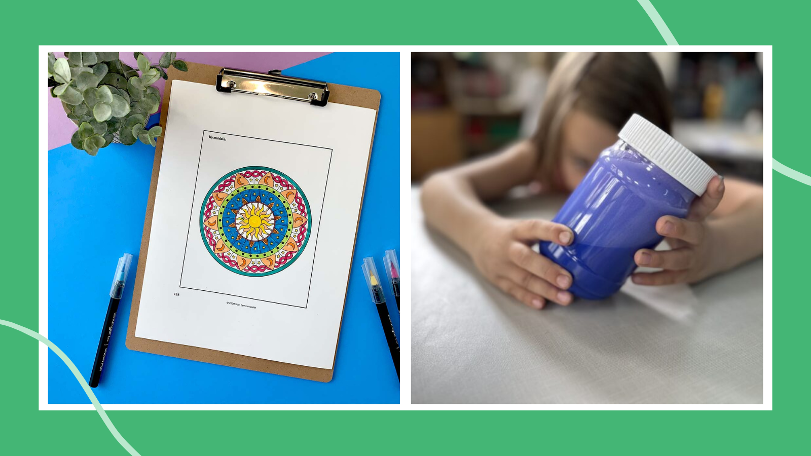 Two examples of Zones of Regulation Activities: mandala coloring and mindfulness jar.