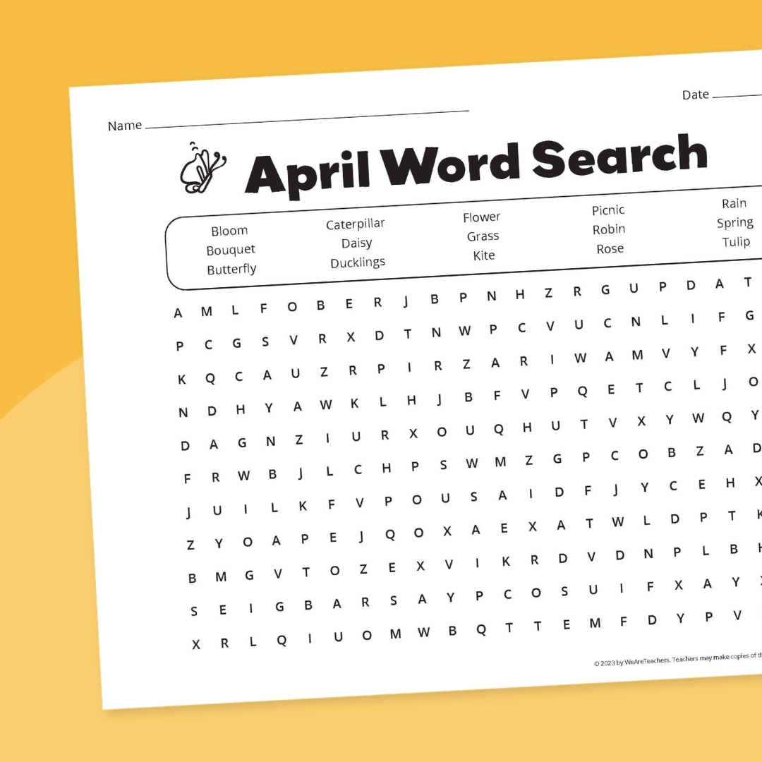 April Fools Worksheet an image of an April fools printable word search in front of a yellow background