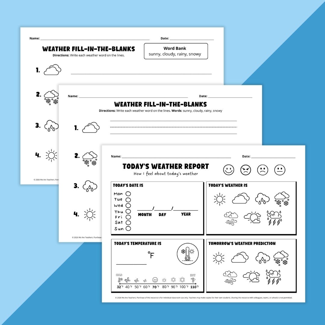 Images of three weather worksheets from the Weather Worksheet & Activity Bundle.