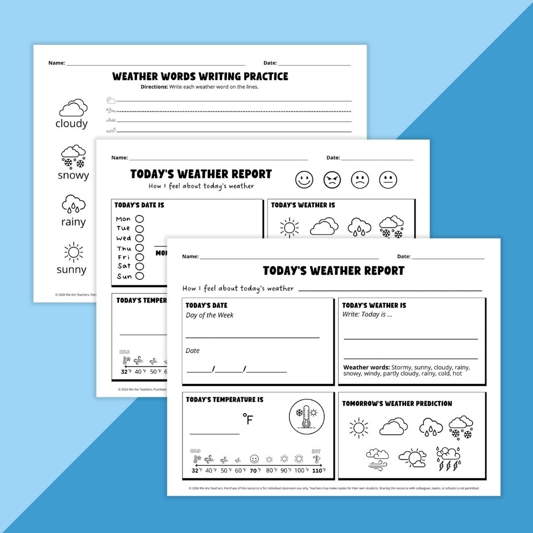 Three images of weather worksheets.