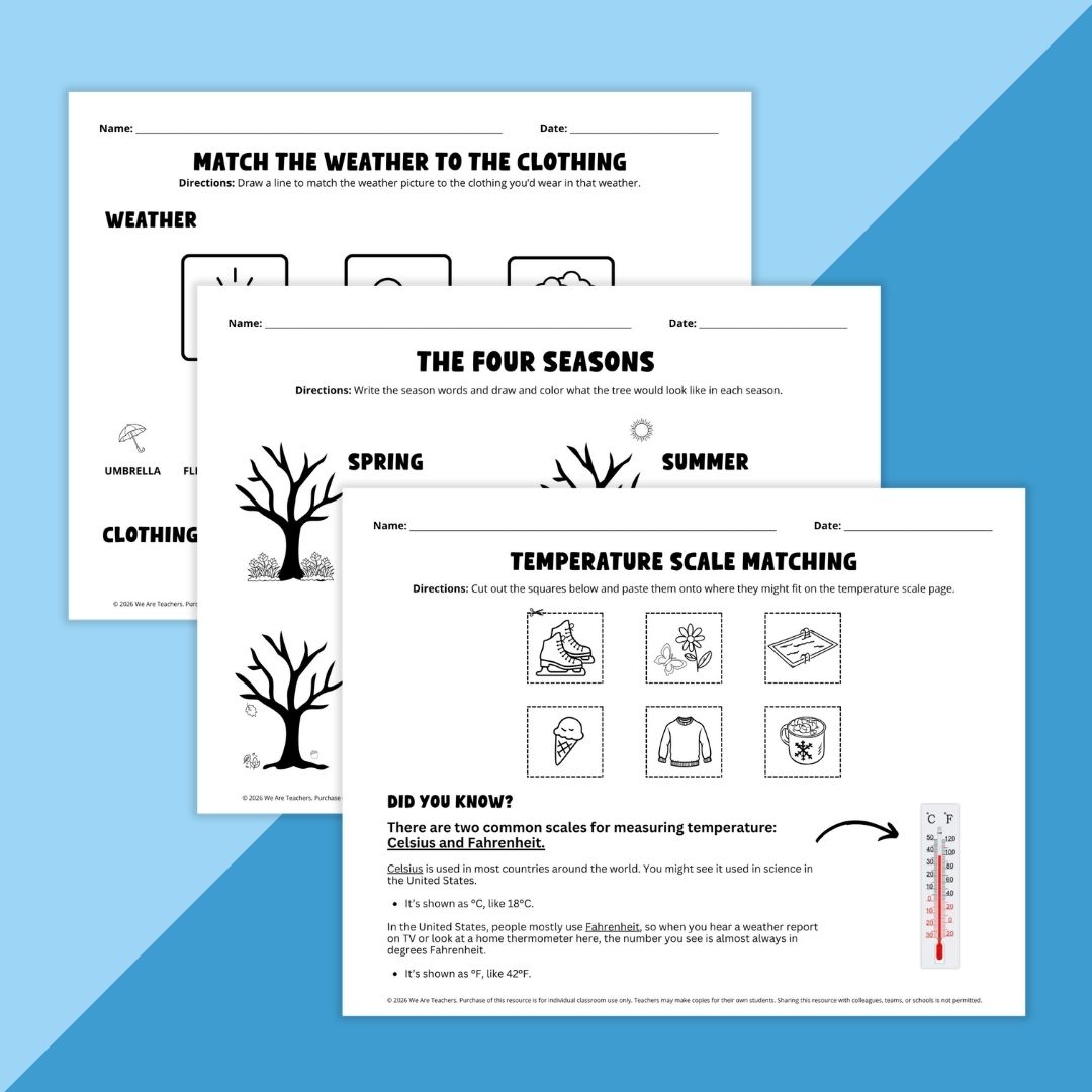 Three pictures of weather worksheets.