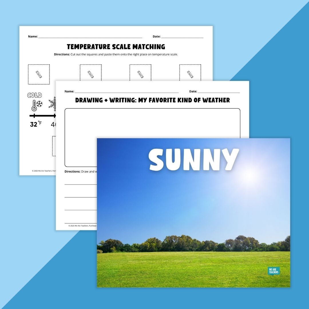 Image of poster that shows sunny weather and other weeather worksheets.